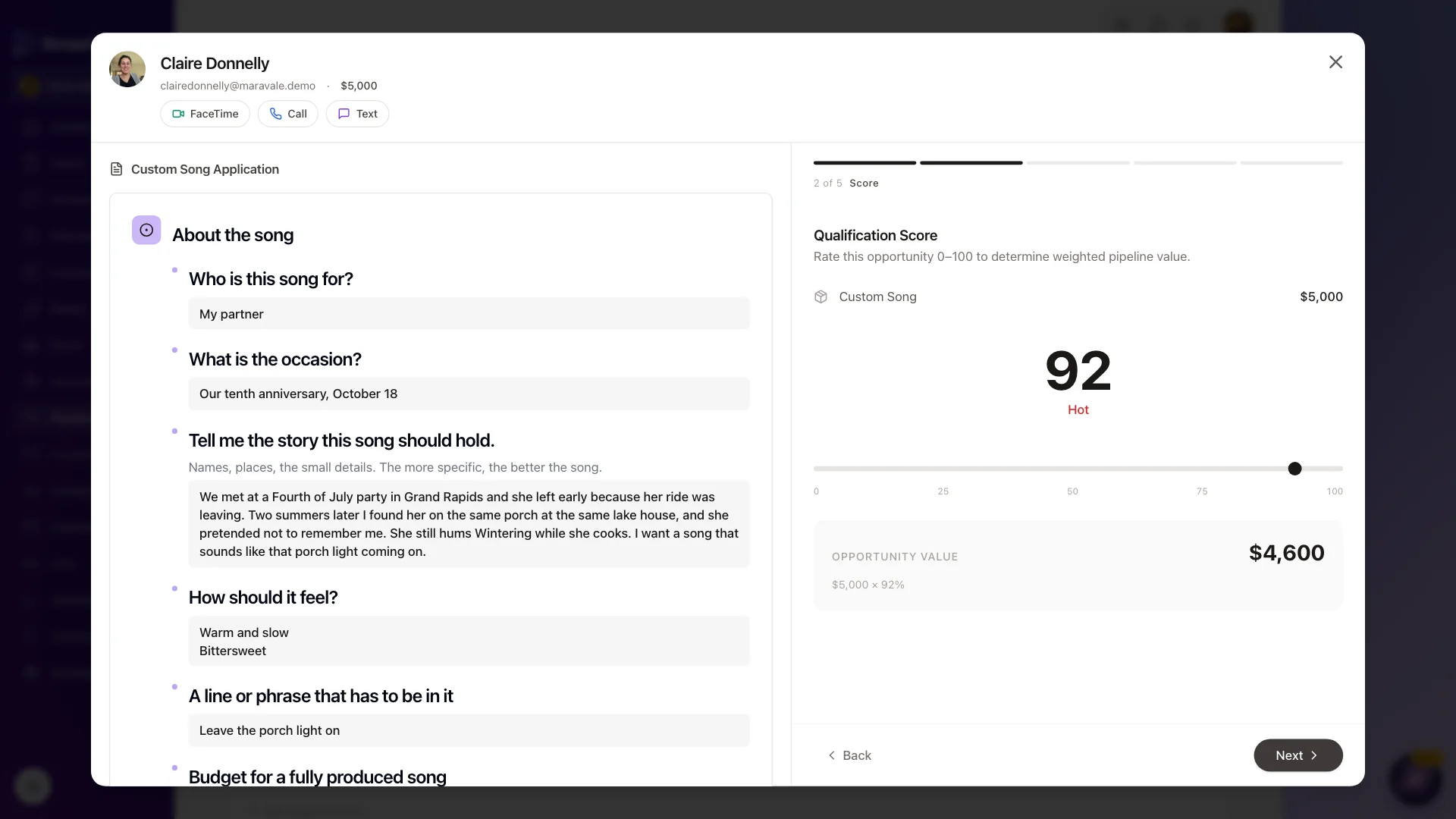 StreetTeam application review for a $5,000 custom song: the fan's seven application answers on the left and, on the right, a qualification score of 92 marked Hot with an opportunity value of $4,600