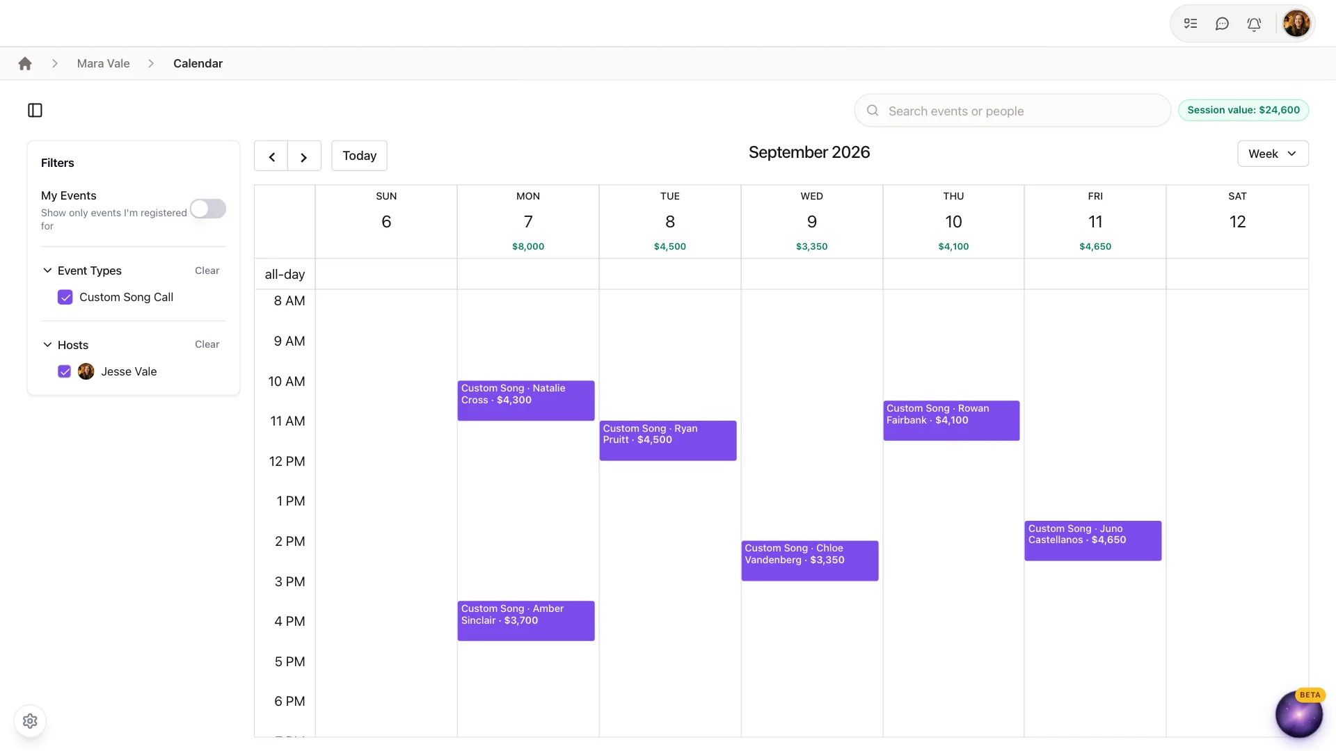 StreetTeam booking calendar in week view with custom song calls booked across five days, each labelled with its value, the total under every day, and a session value of $24,600 for the week