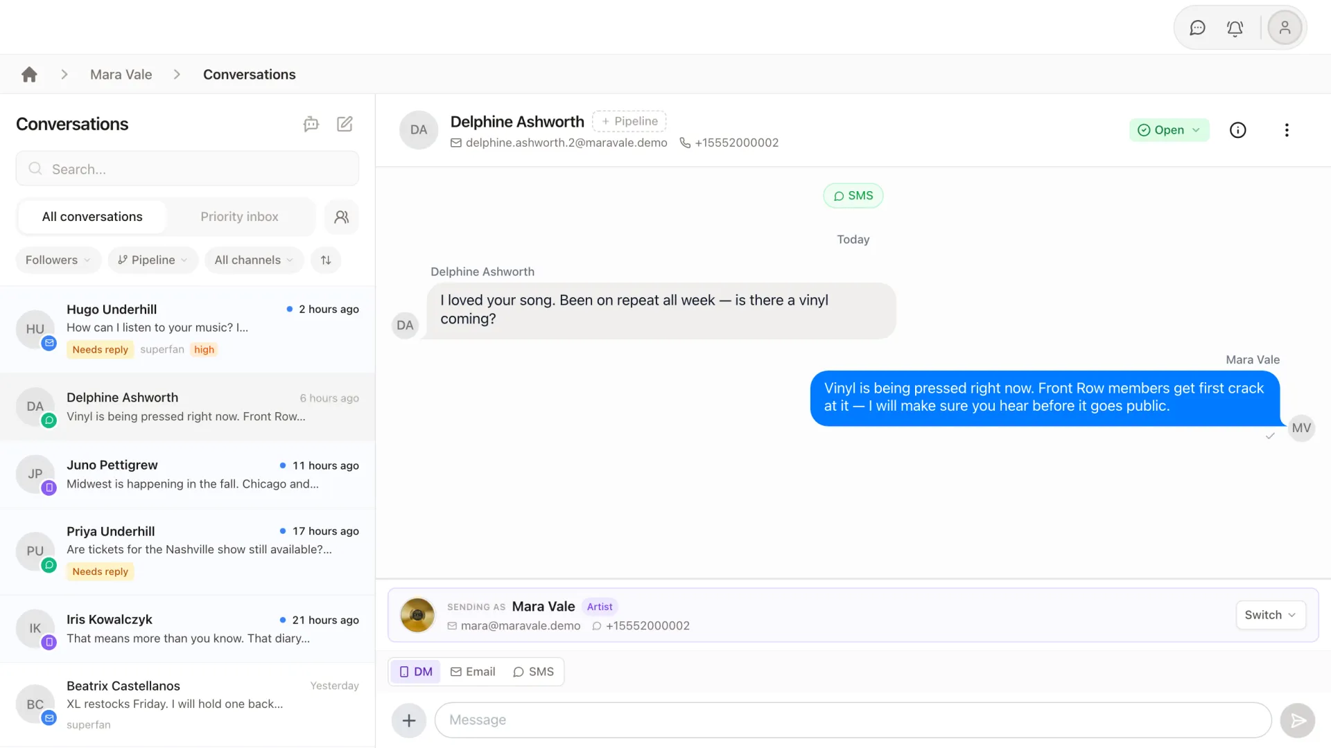 StreetTeam conversations inbox with a fan thread open and DM, email, and SMS reply options