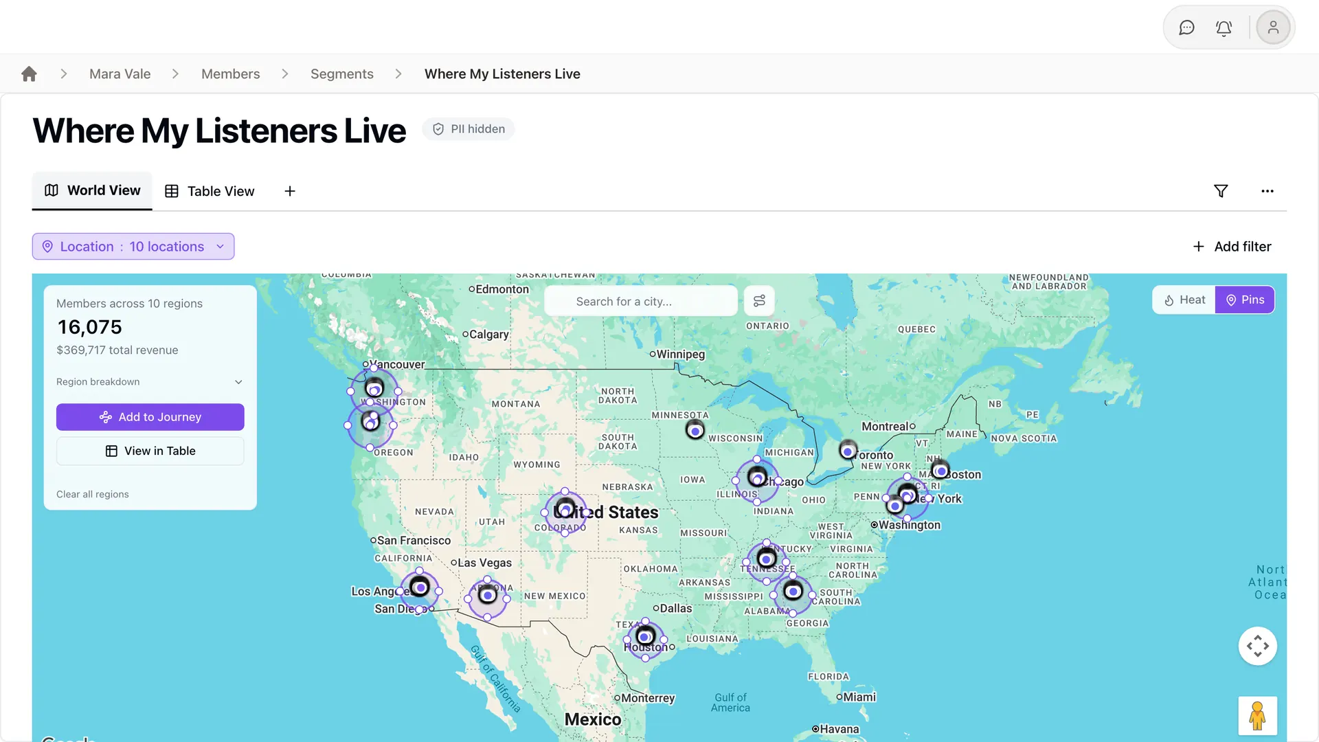 StreetTeam fan map with pins on ten metro areas, showing 16,075 members and $369,717 in revenue