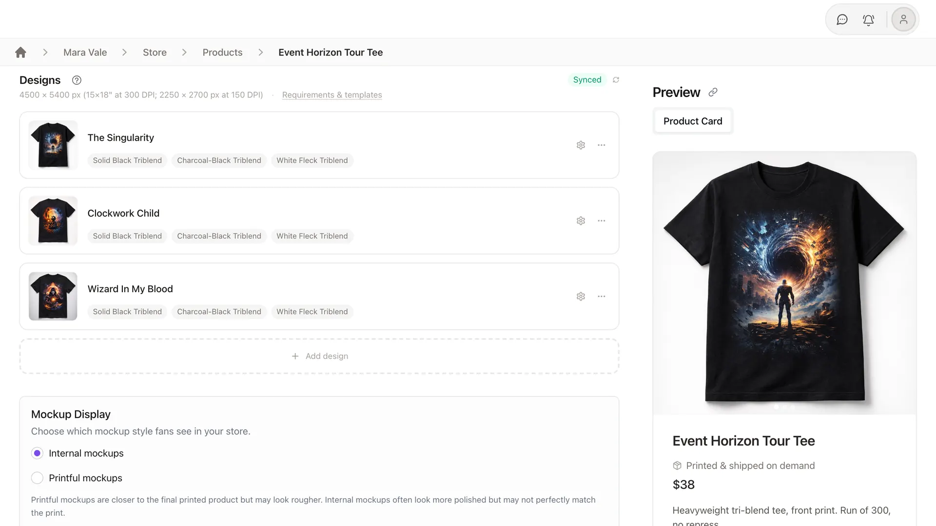 StreetTeam print-on-demand editor with three shirt designs on black tee mockups and a full-size product preview