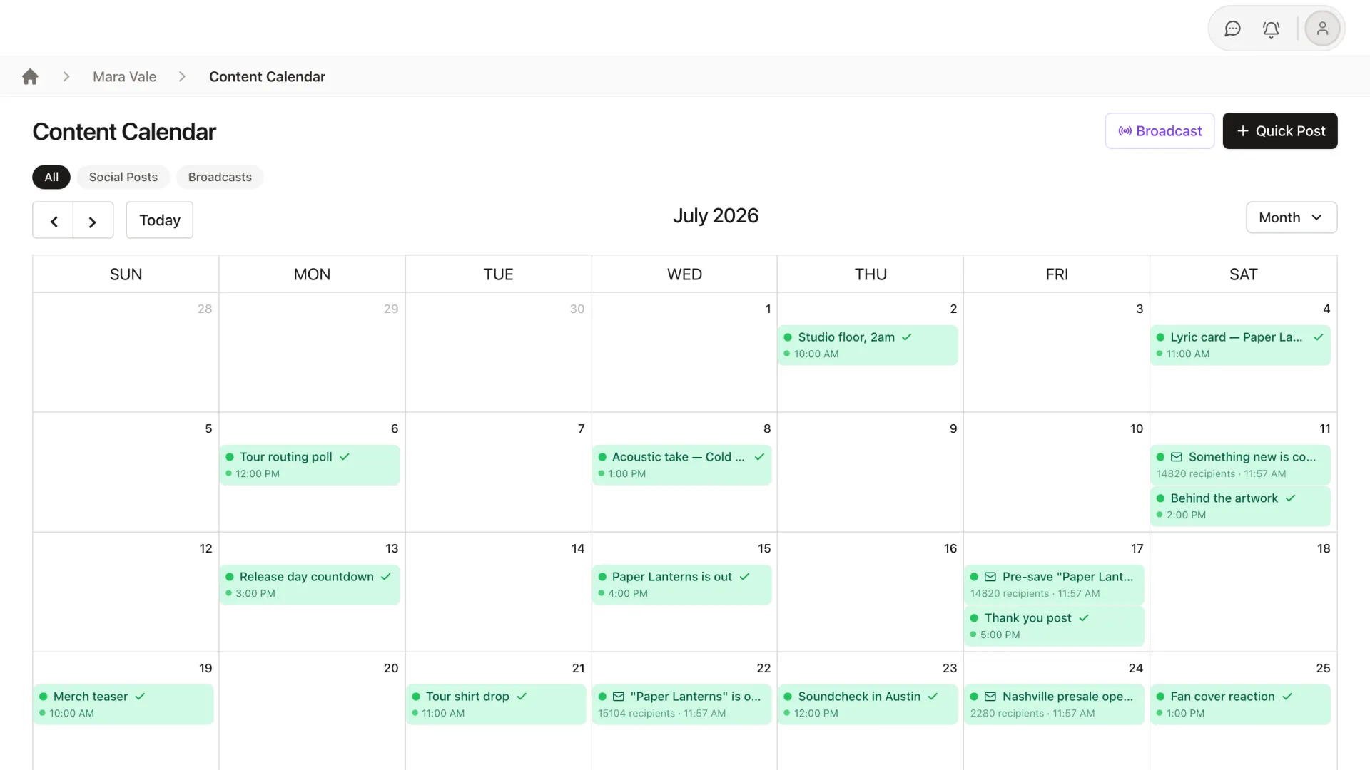 StreetTeam monthly content calendar filled with scheduled social posts and email broadcasts
